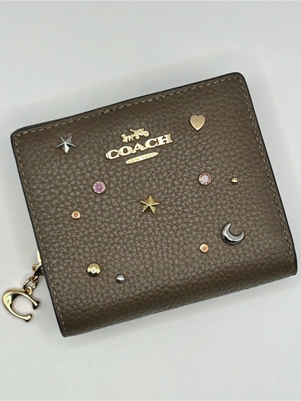 COACH Taupe Pebbled Leather Zip Wallet with Mixed Metal Studs